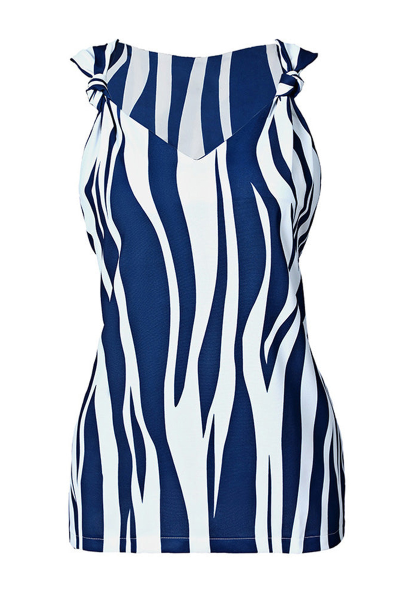 Blue Abstract Striped V Neck Knotted Straps Tank Top