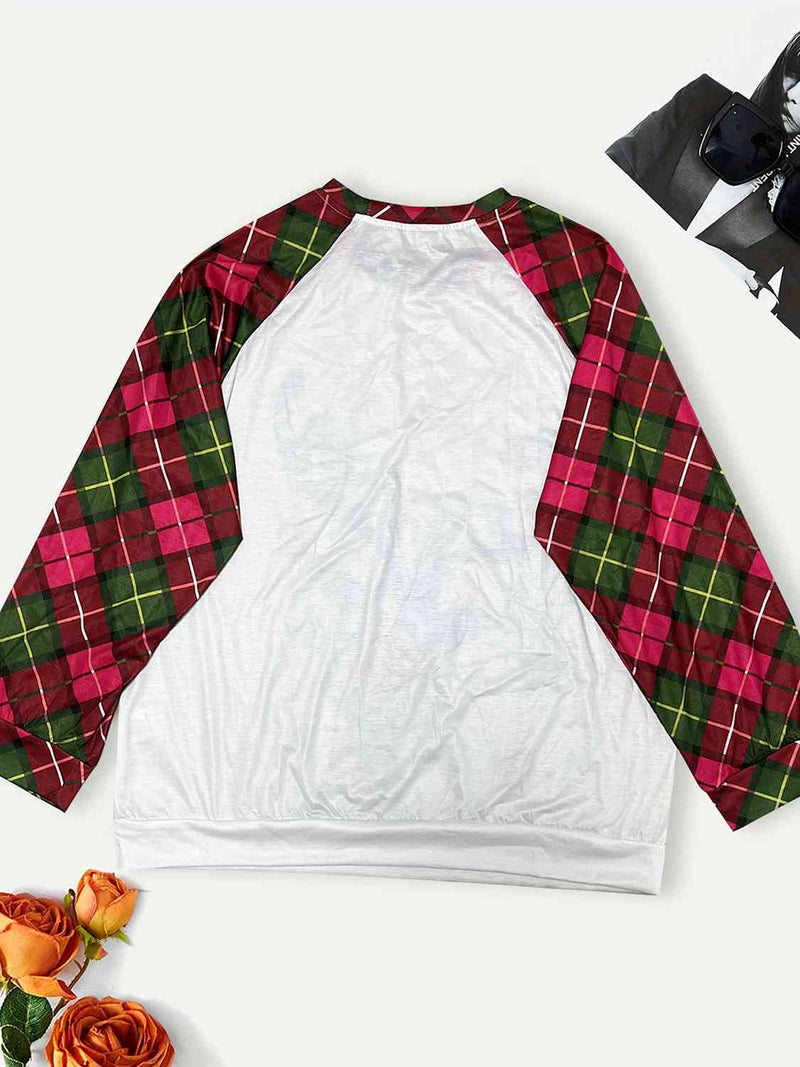 Plus Size Reindeer Graphic Plaid Long Sleeve T-Shirt