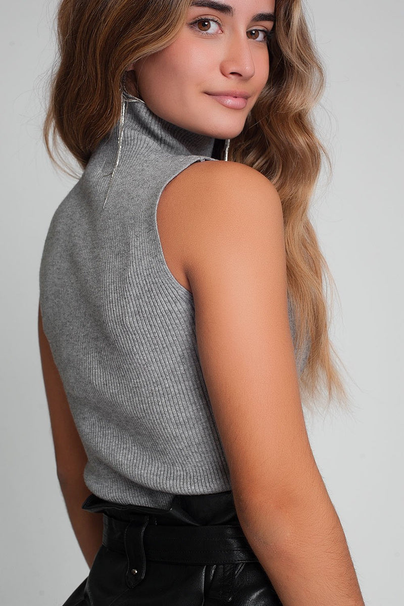 Ribbed Knit Sleeveless Sweater With High Neck in Gray Color