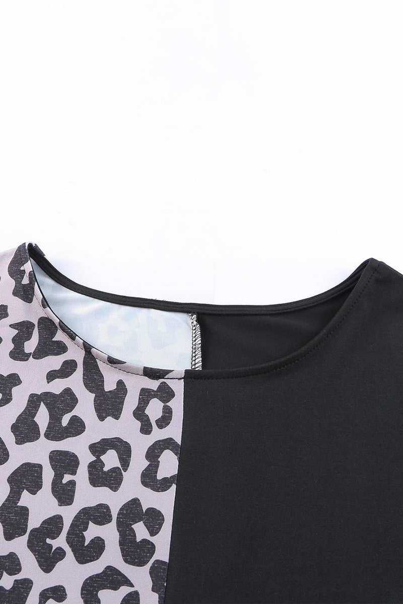 Full Size Multicolor Leopard Contrast Short Sleeve Plus Size T-Shirt Dress
