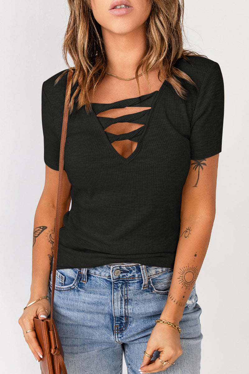 Strappy Hollow-Out Neck Rib Knit T Shirt