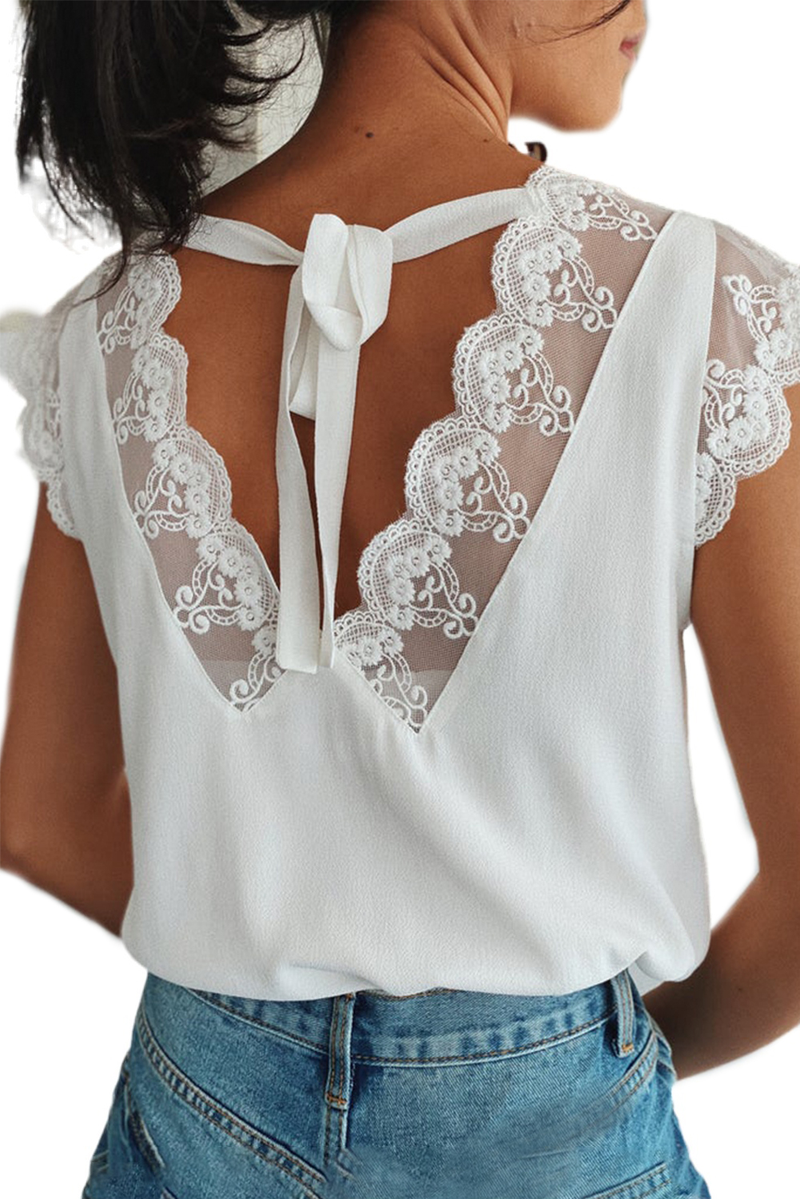 White Lace Patchwork Lace-Up Backless V Neck Blouse