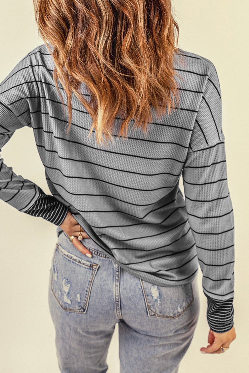 Striped Color Block Buttoned Waffle Knit Shirt