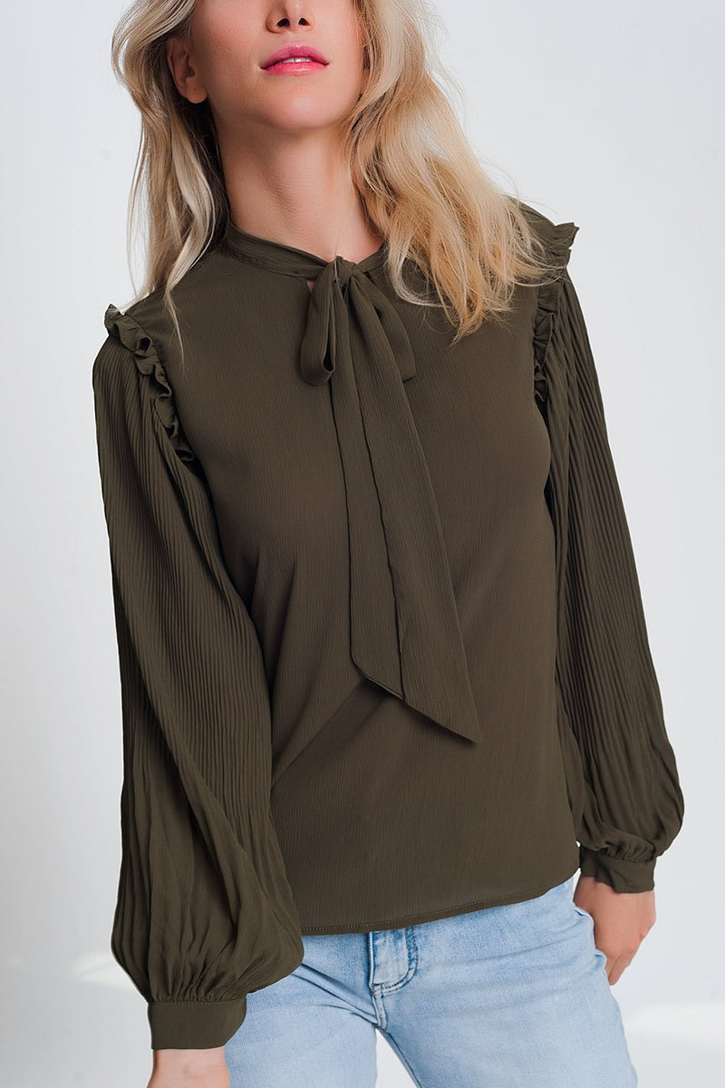Top With Volume Sleeve and Tie Front Detail in Khaki - Sorta Stuff