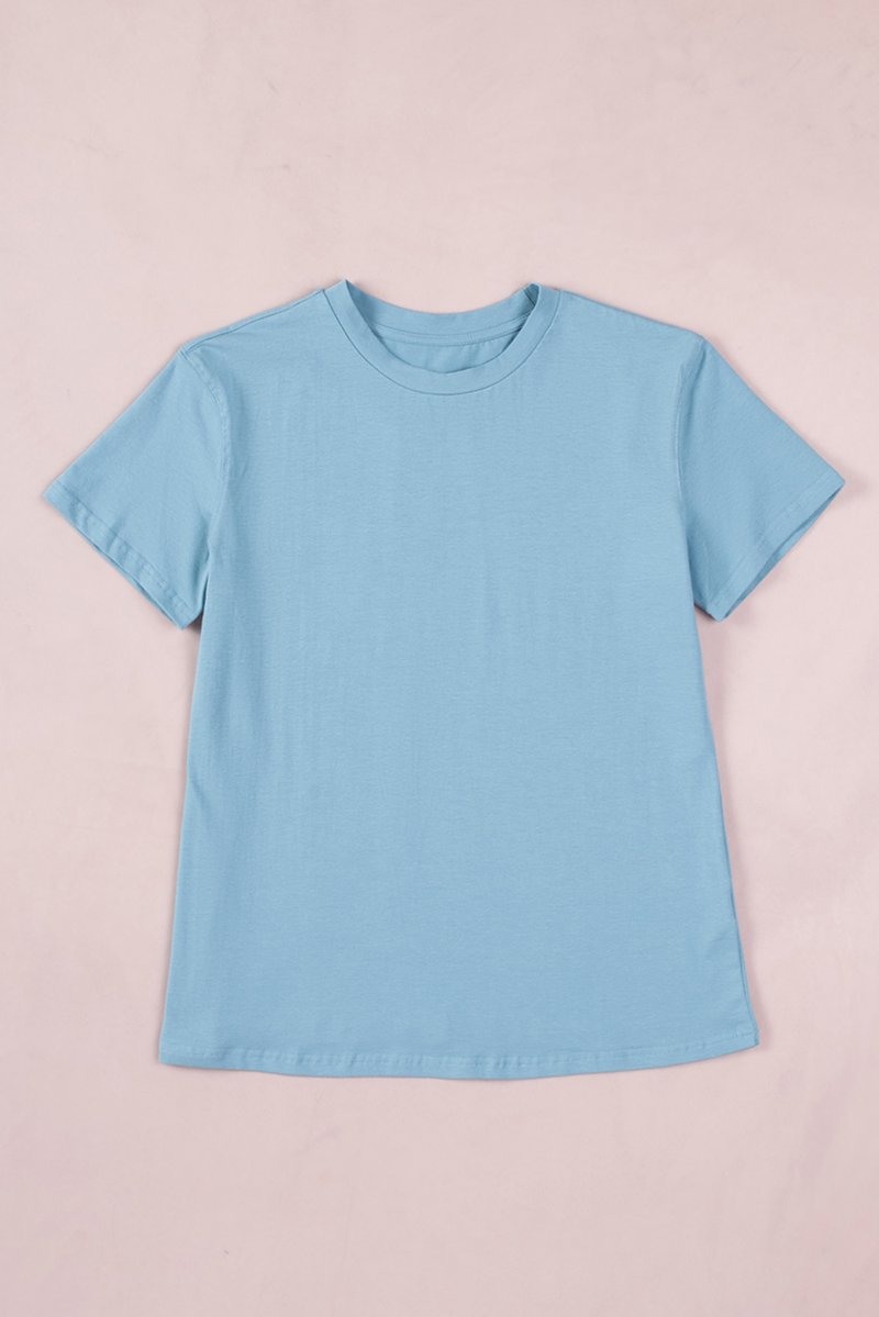 Sky Blue Solid Color Crew Neck Short Sleeve Tee