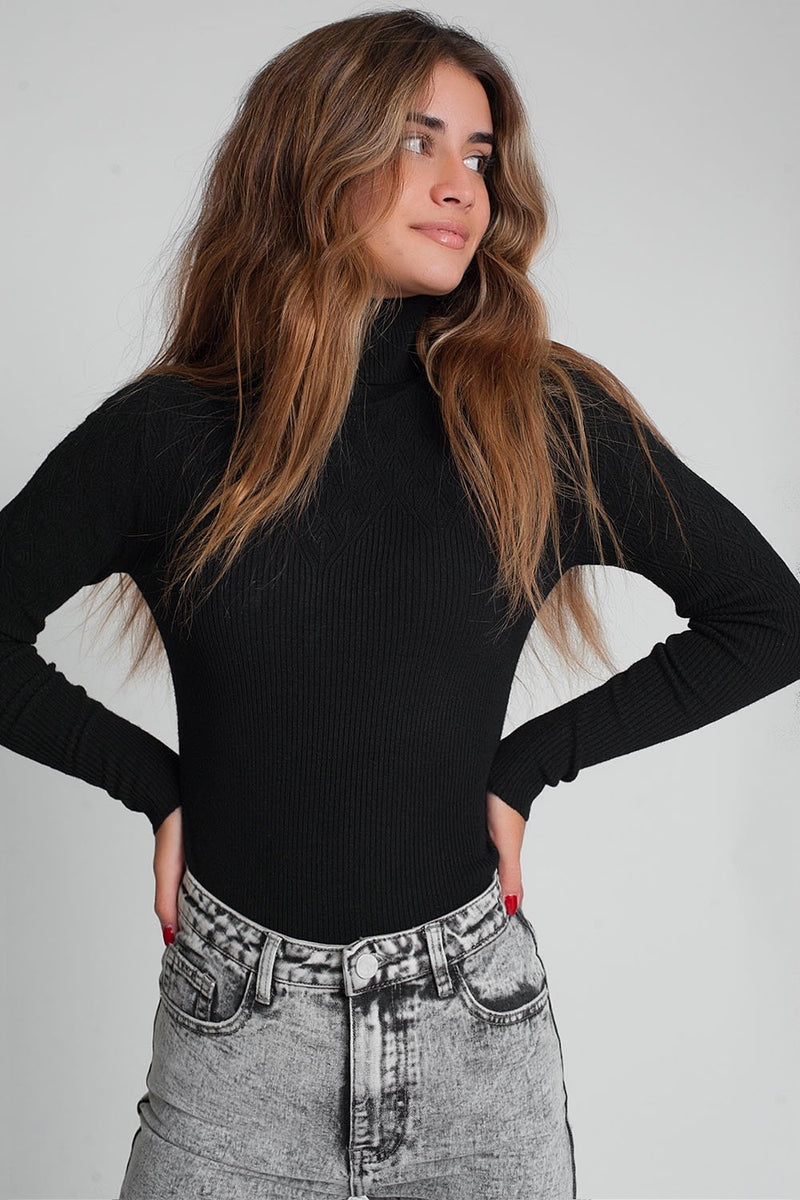 Soft Knitted Turtleneck Fitted Sweater in Black