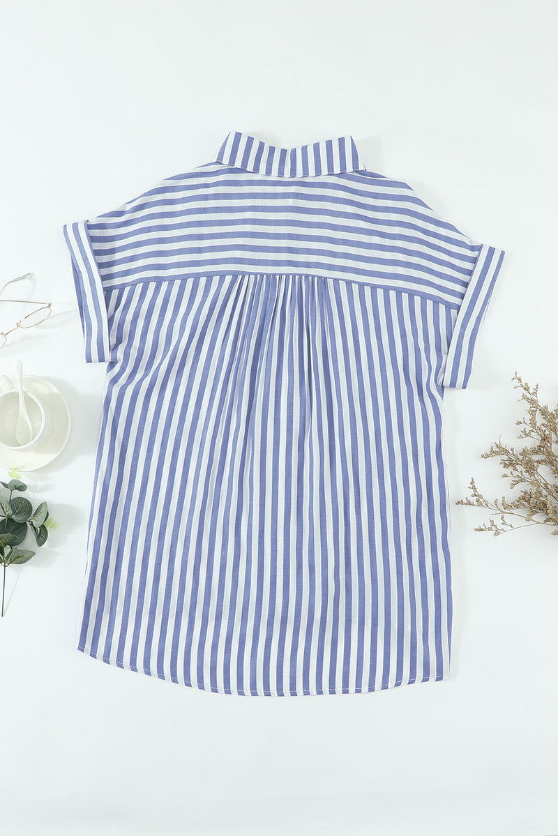 Short Sleeve Buttoned Striped Print Blouse