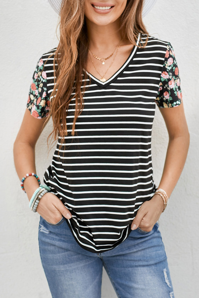 Floral Sleeves Striped T-Shirt