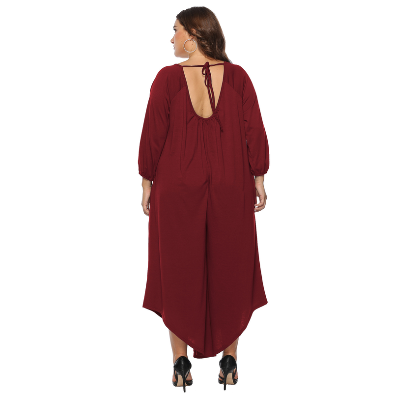 Plus Size Sexy Deep-V Women's Long-Sleeved Jumpsuit