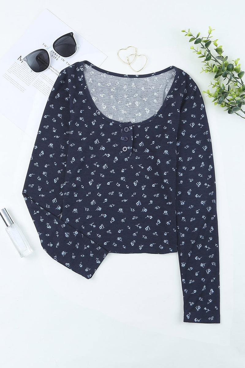 Floral Ribbed Scoop Neck Henley Top