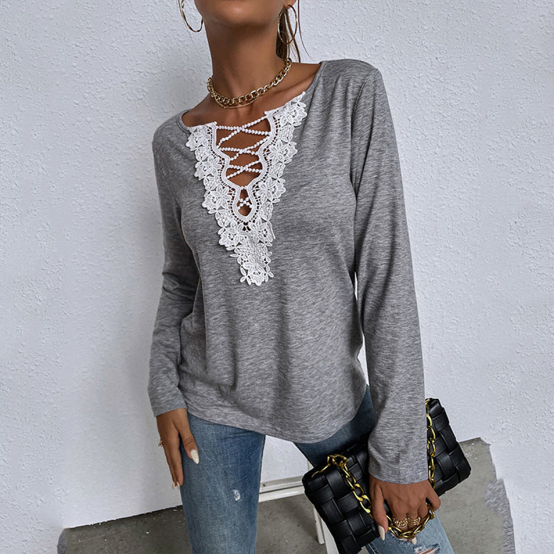 Solid Color Long Sleeve Lace Openwork T-Shirt
