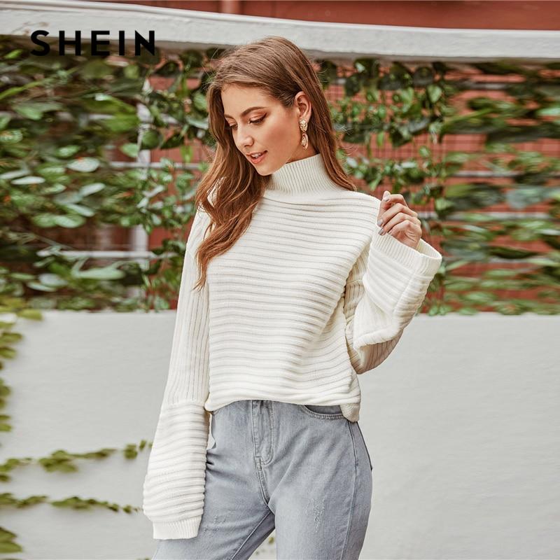 SHEIN White Solid High Neck Drop Shoulder Winter Sweater Women Tops 2019 Autumn Highstreet Long Sleeve Basic Casual Sweaters - Sorta Stuff