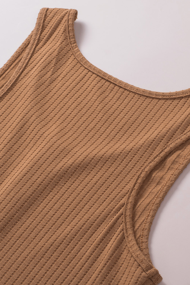 Brown Buttons Front Rib-Knit Tank Crop Top