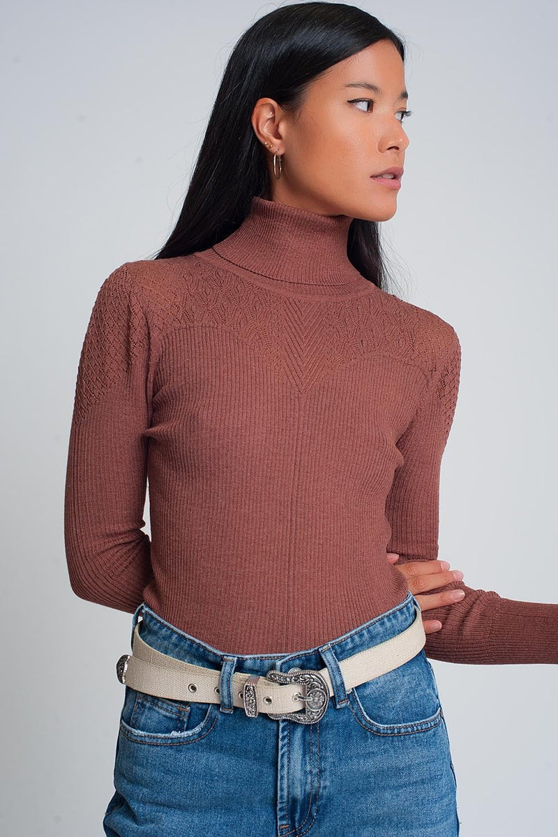 Soft Ribbed Sweater With Turtleneck in Camel