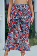 Bohemian Floral Drawstring Ruched Long Skirt