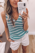 Blue Striped V Neck Sleeveless Knitted Tank Top