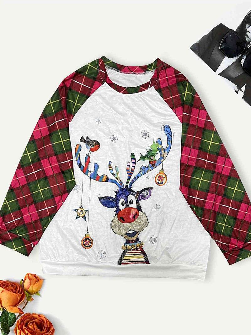 Plus Size Reindeer Graphic Plaid Long Sleeve T-Shirt