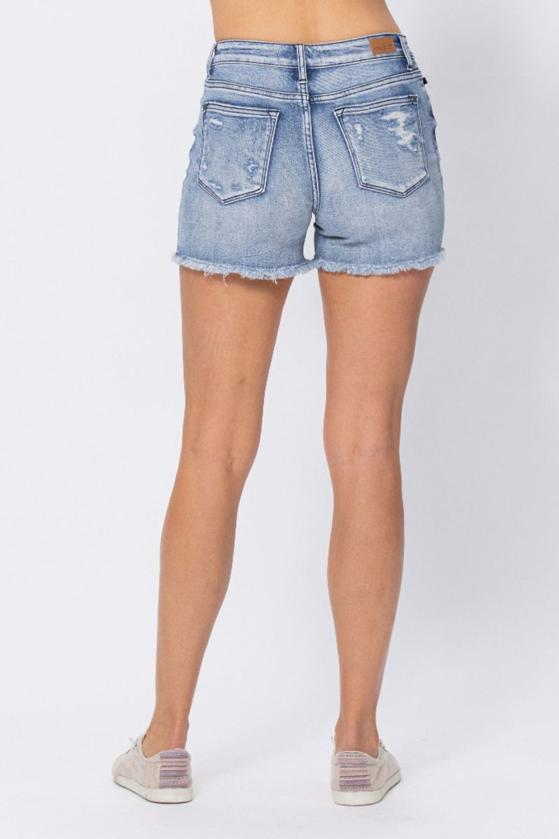 Judy Blue Full Size Mid-Rise Destroy Pocket Cutoff Denim Shorts