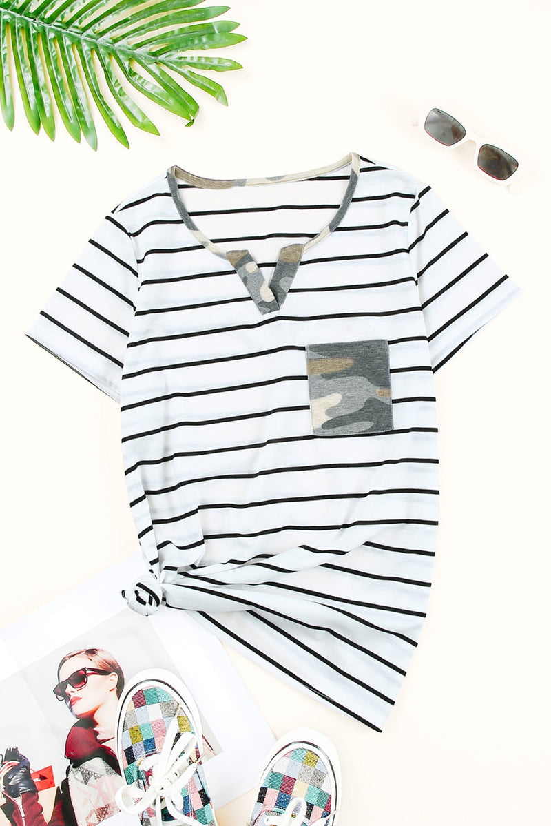 White Camo Pocket Striped T Shirt