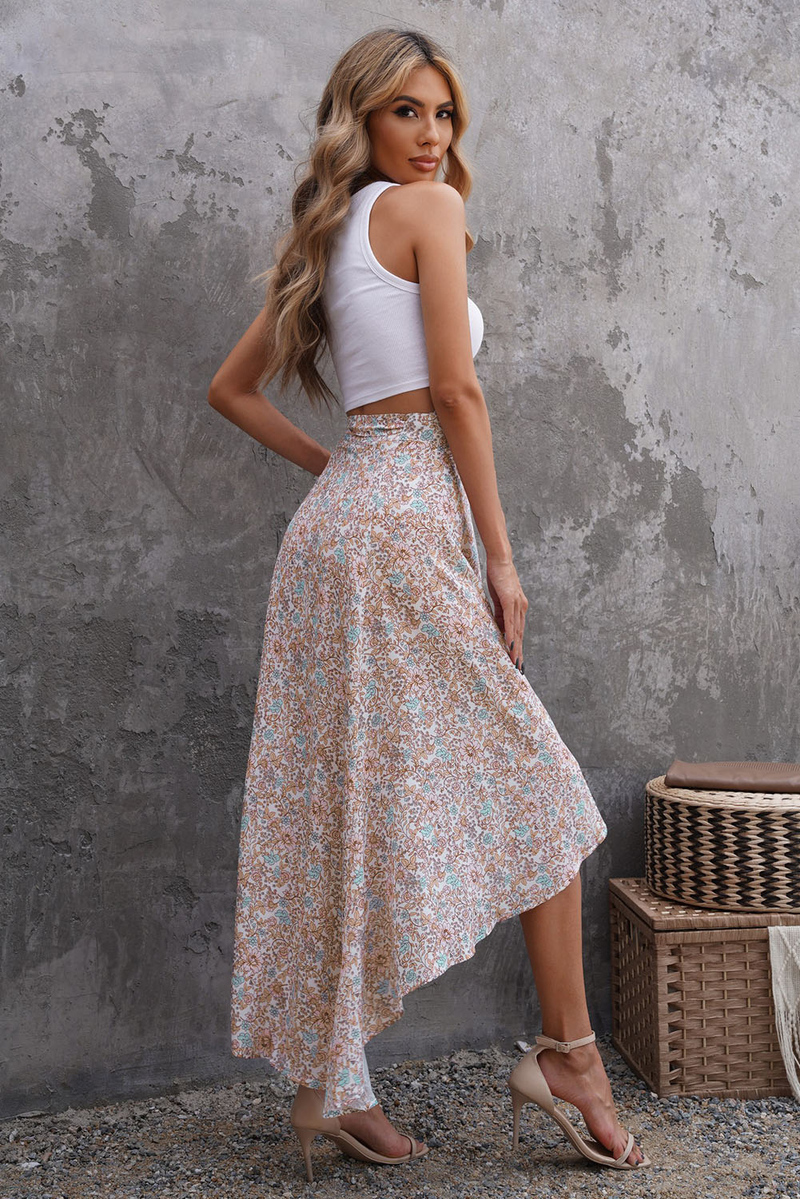 Wrap Style High-Low Ruffle Hemline Floral Skirt