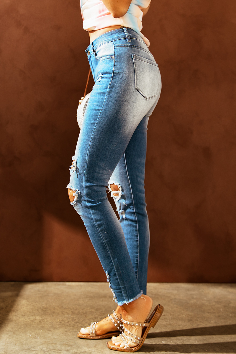 Faded Mid High Rise Jeans With Holes