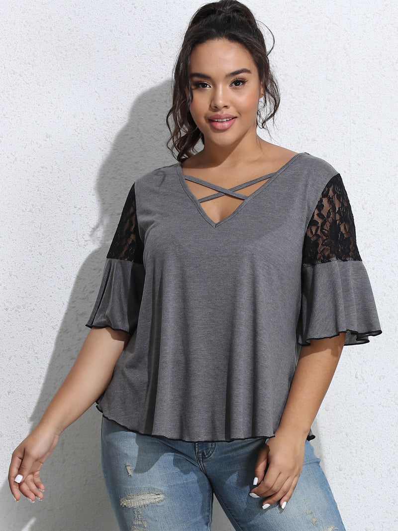 Plus Size Loose Causal Women's Lace Patchwork Top