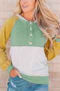 Yellow Colorblock Button Casual Pullover Hoodie For Women