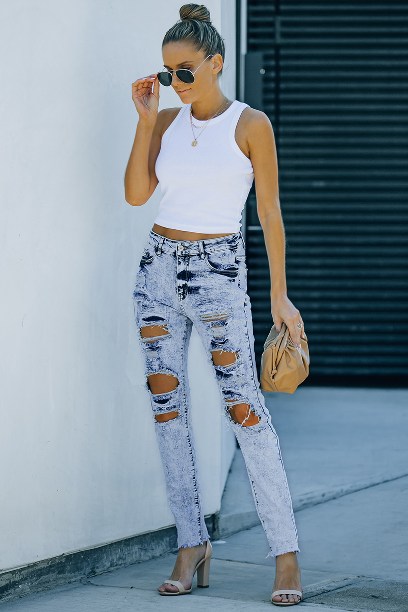 Sky Blue Wash Ripped Slim-Fit Jeans