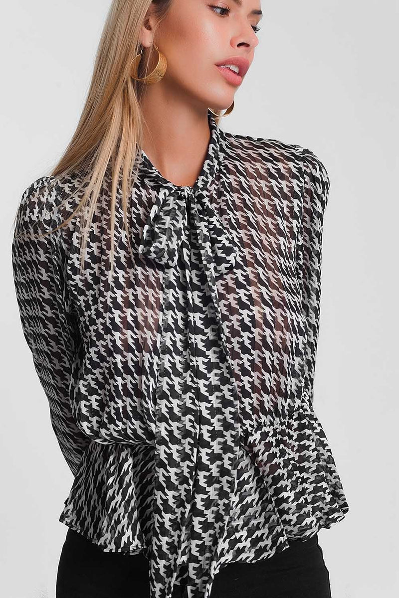 Lightweight Tie Front Blouse With Houndstooth Print in Black - Sorta Stuff