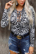 Black White Printed Lace-Up Long Sleeve Top