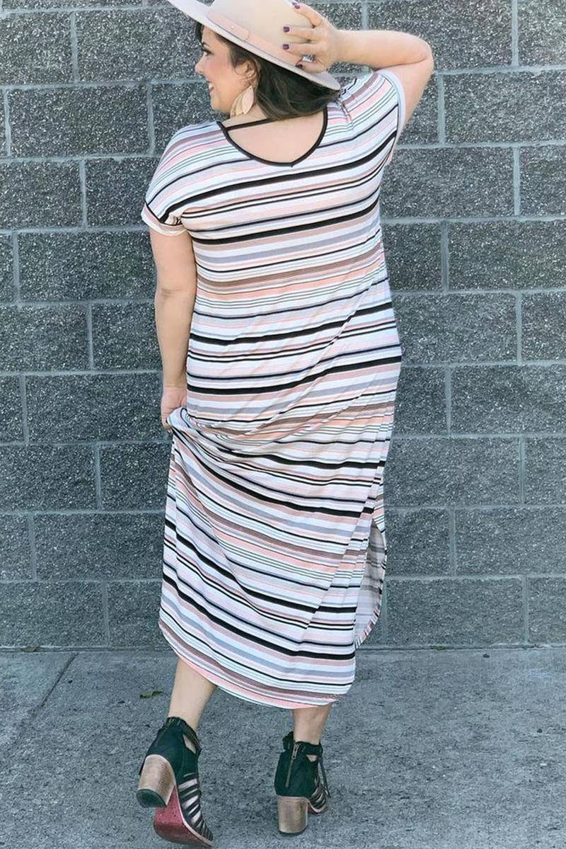 Plus Size Striped Print V Neck Side Slit Dress