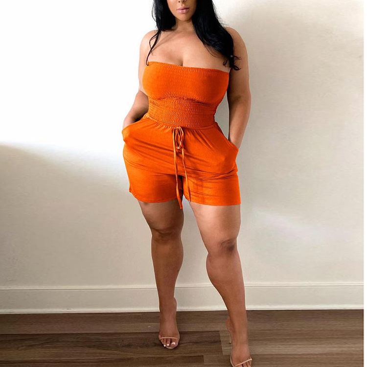 Plus Size Solid Color Strapless Shirring Belted Romper