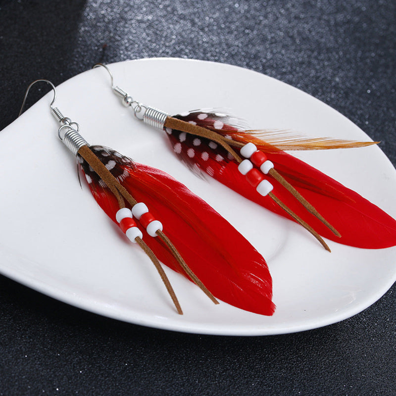 Bohemian Beaded Tassel Feather Drop Earrings