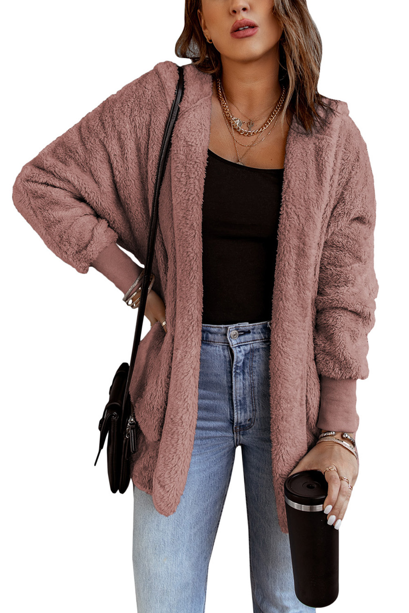 Pink Soft Fleece Hooded Open Front Coat