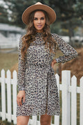 Leopard Ruffled Zipper Lantern Sleeve Dress