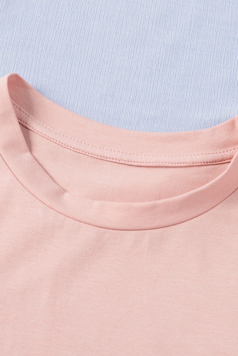 Pink Solid Color Crew Neck Short Sleeve Tee