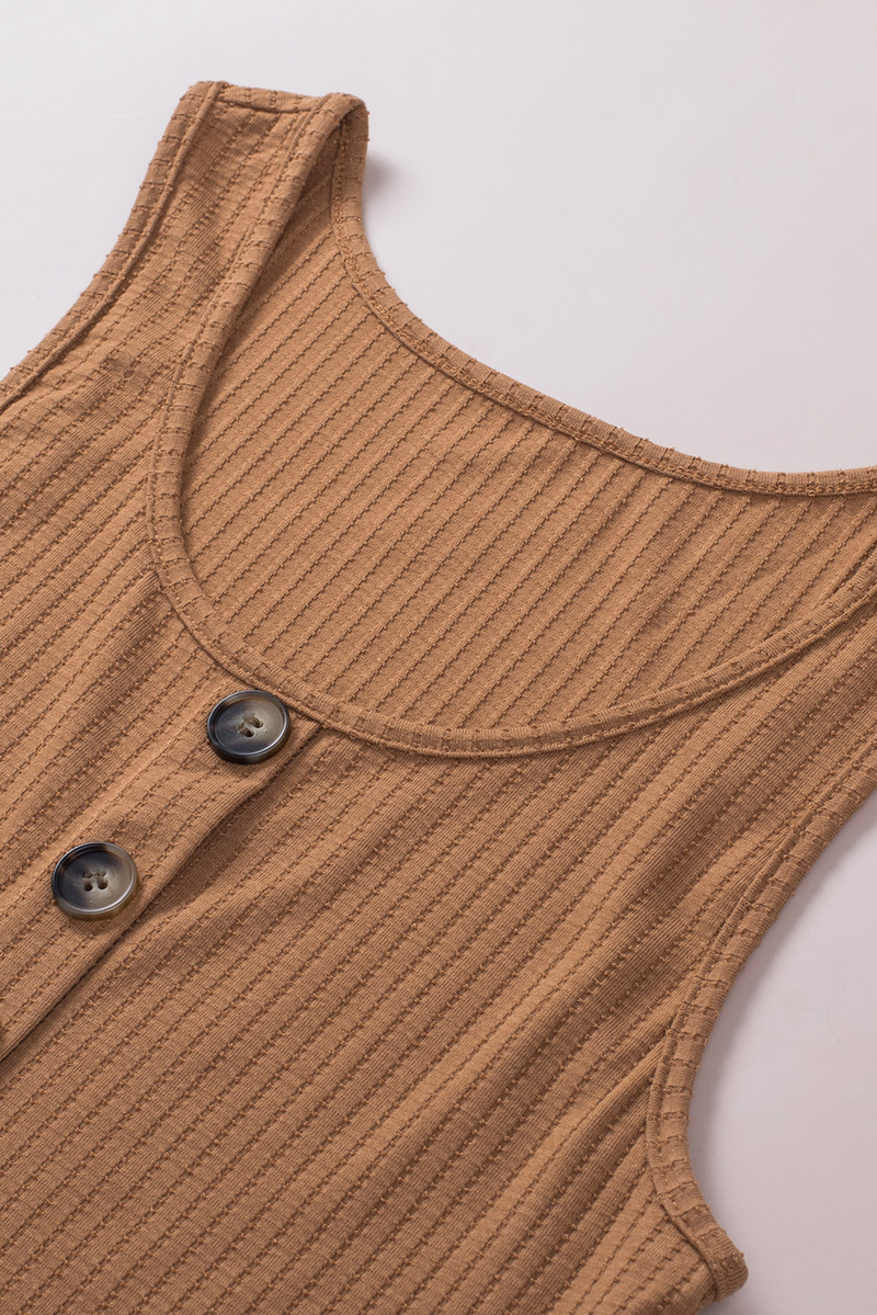 Brown Buttons Front Rib-Knit Tank Crop Top