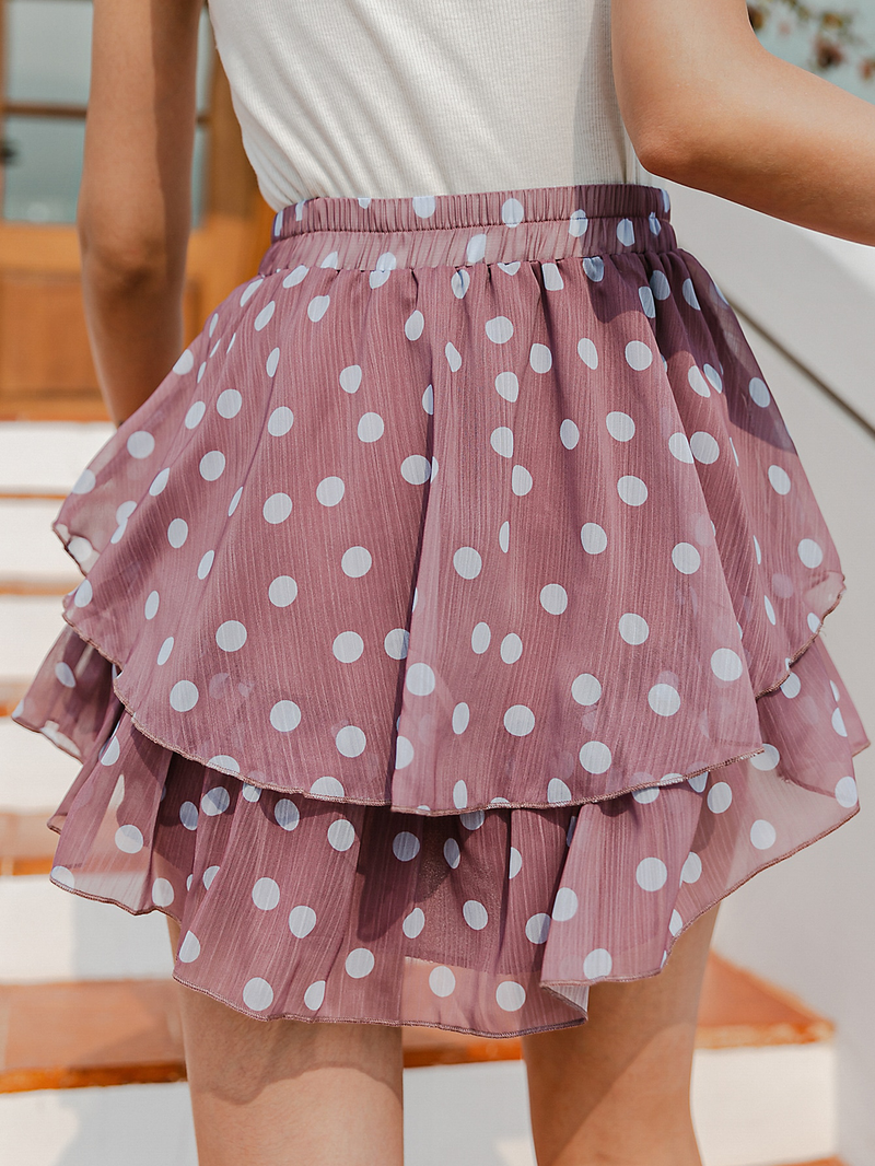 Elastic Waist Polka Dot Print Layered Hem Skirt