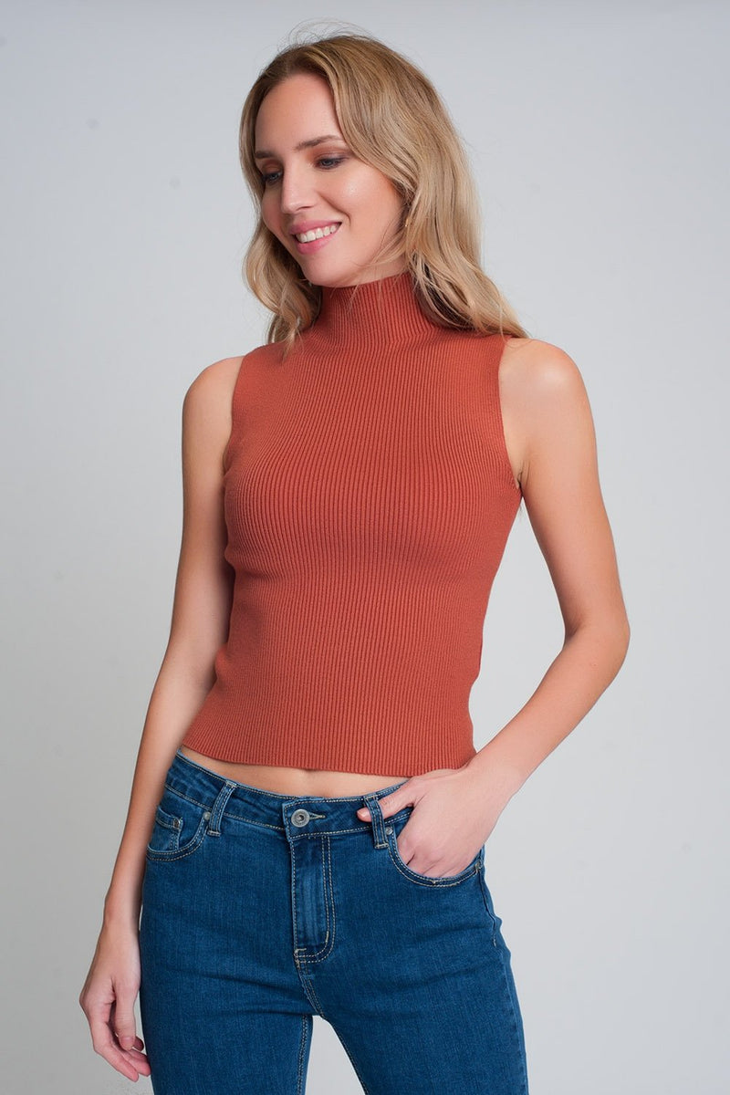 Ribbed Knit Sleeveless Sweater With High Neck in Camel - Sorta Stuff