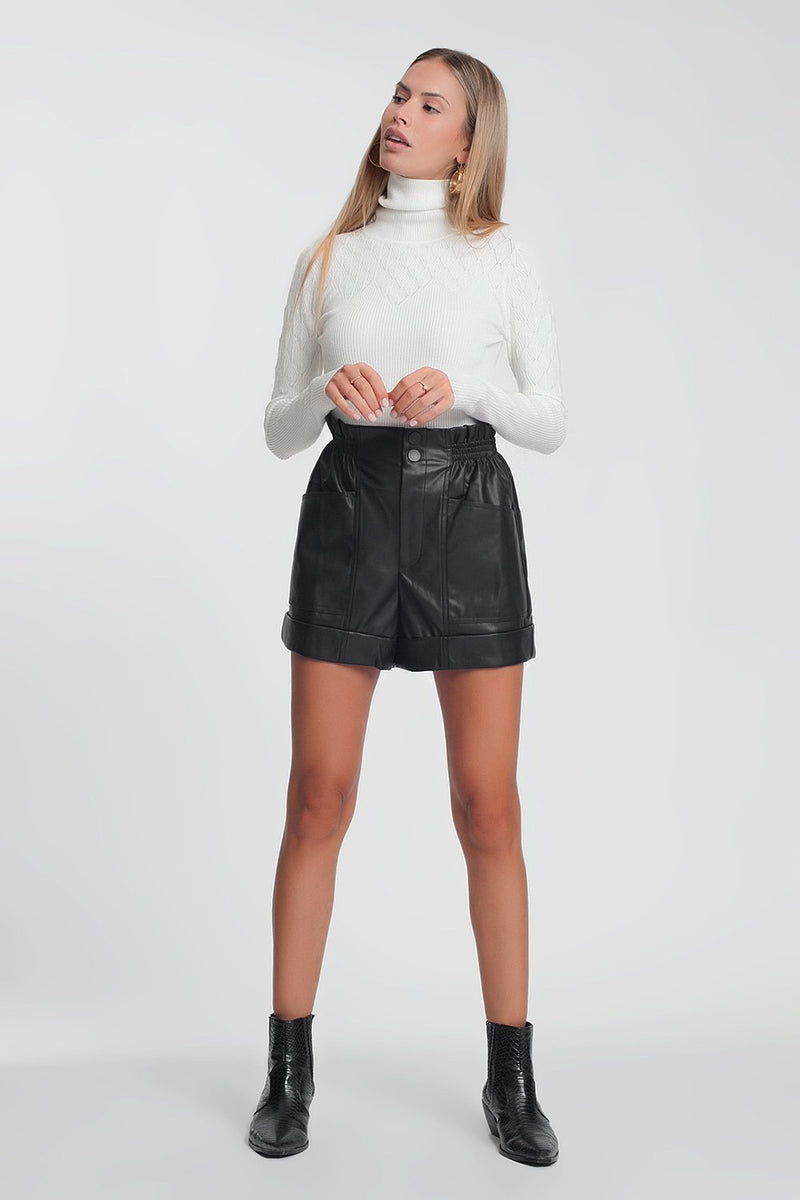 Paper-Bag Waist Faux Leather Shorts in Black - Sorta Stuff