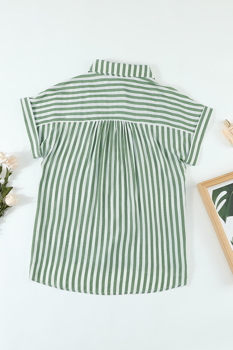 Short Sleeve Buttoned Striped Print Blouse