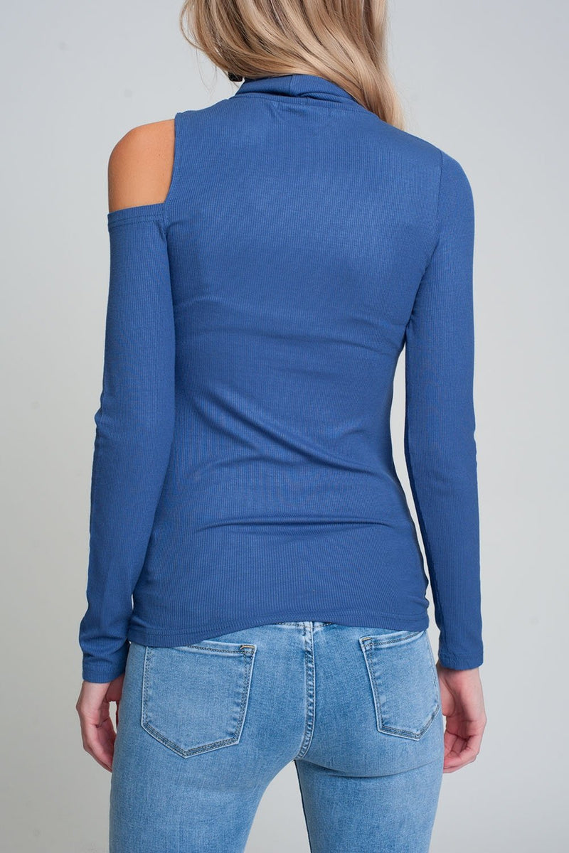 Blue Sweater With One Open Shoulder and High Neck - Sorta Stuff