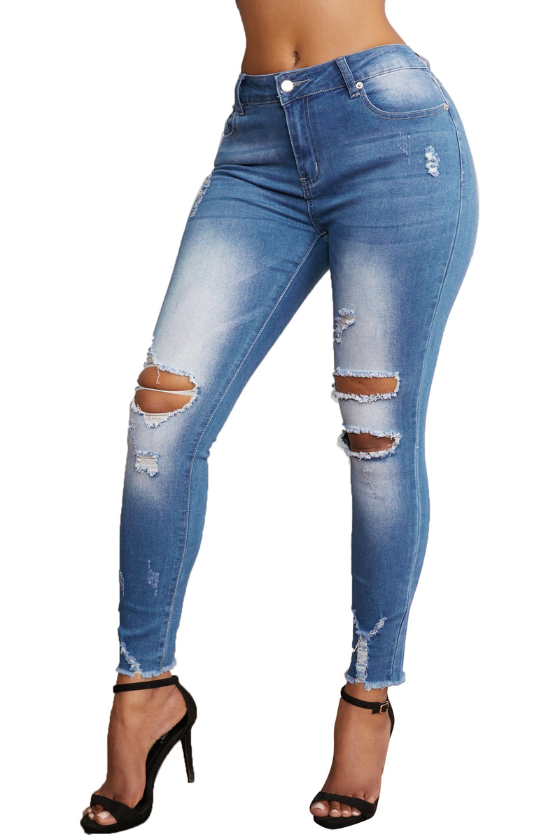 Faded Mid High Rise Jeans With Holes