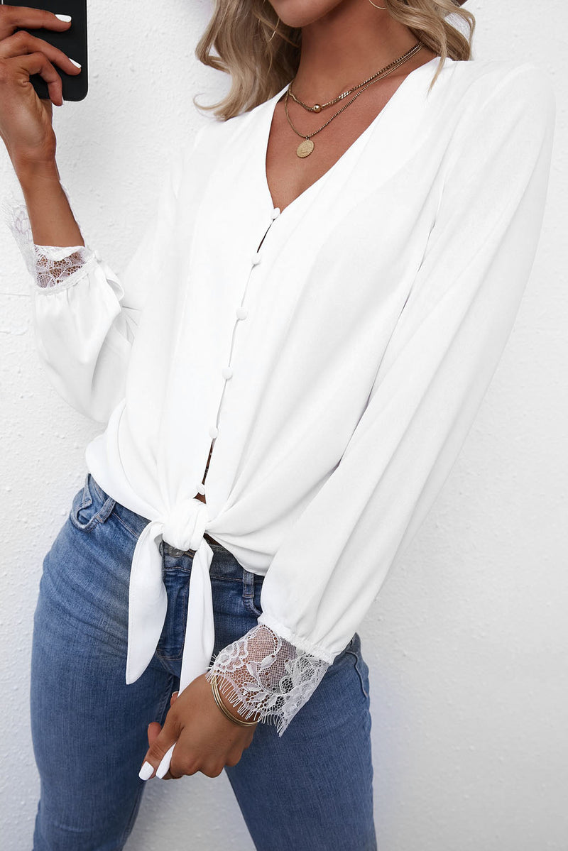 V Neck Lace Splicing Cuffs Button Knotted Blouse
