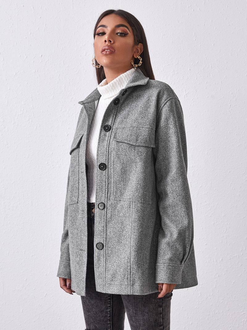 Gray Single-Breasted Large Pocket Coat