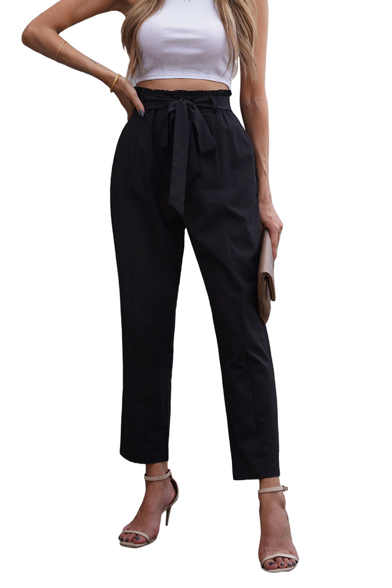 Casual Paperbag Waist Straight Leg Pants With Belt
