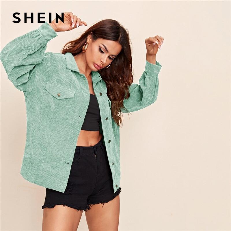 SHEIN Flap Pocket Drop Shoulder Corduroy Coat Women 2020 Autumn Long Sleeve Button Front Solid Outwear Casual Coats - Sorta Stuff