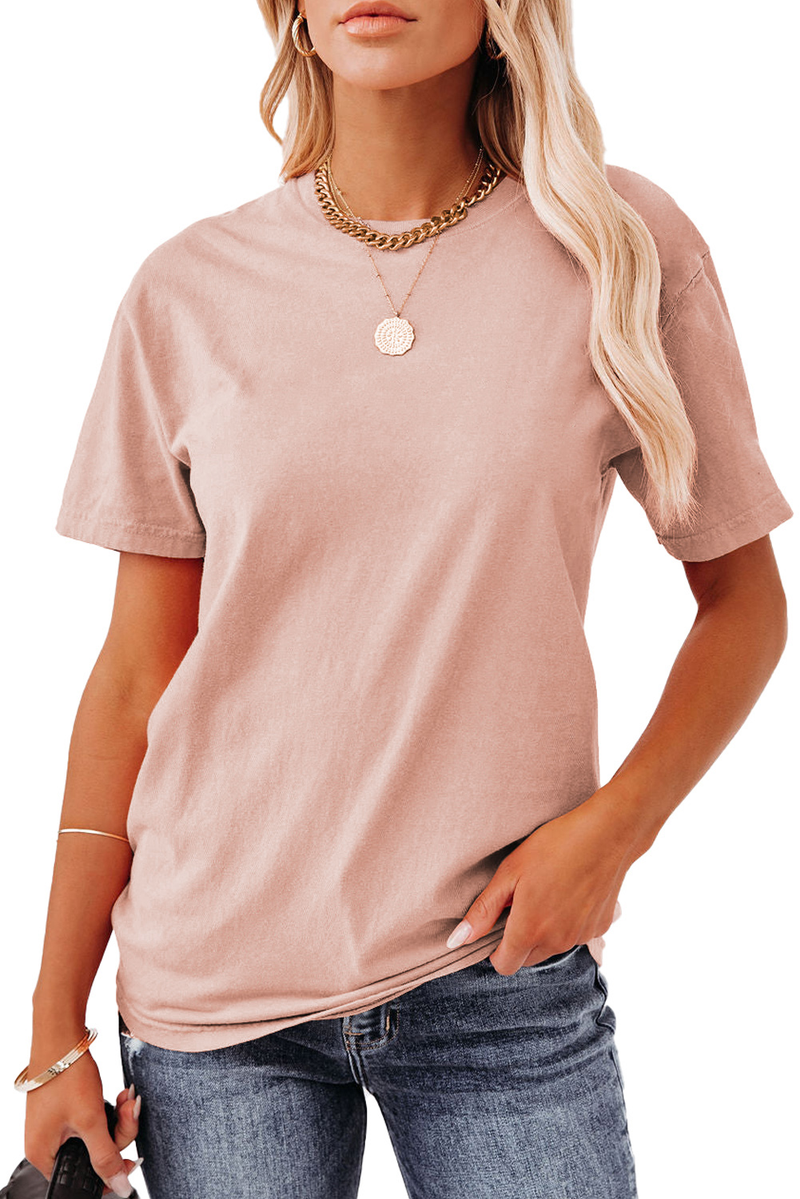 Pink Solid Color Crew Neck Short Sleeve Tee