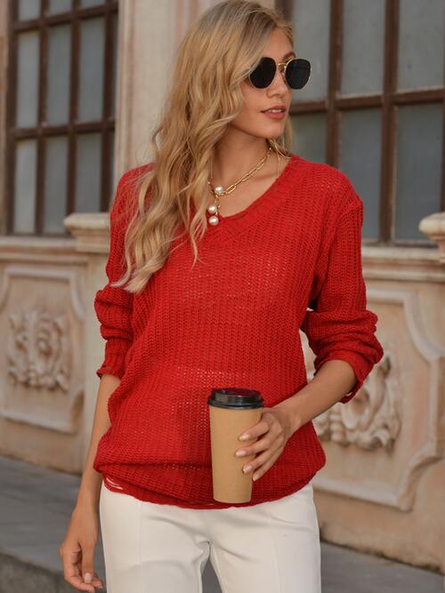 Distressed V-Neck Long Sleeve Knit Top
