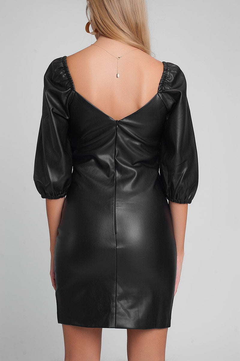 Faux Leather Mini Dress With Puff Sleeves in Black - Sorta Stuff